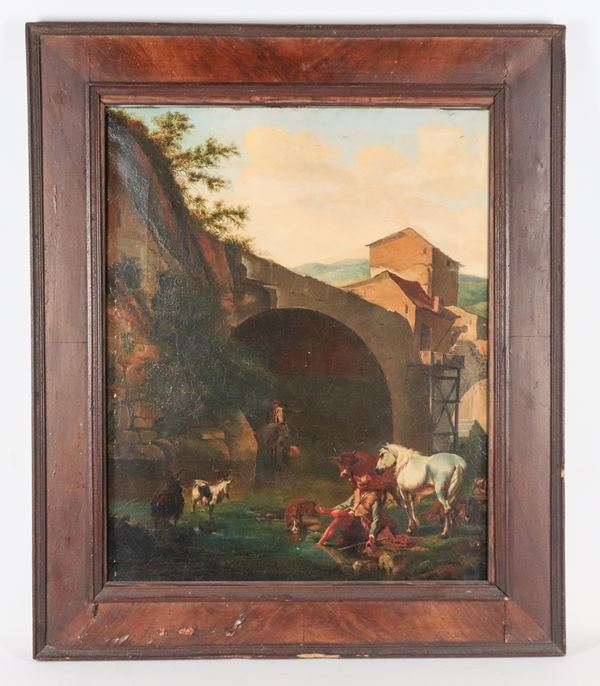 Jan Miel - Cerchia di. "Paesaggio con arco, pastore con caprette, armenti e cavallo bianco"