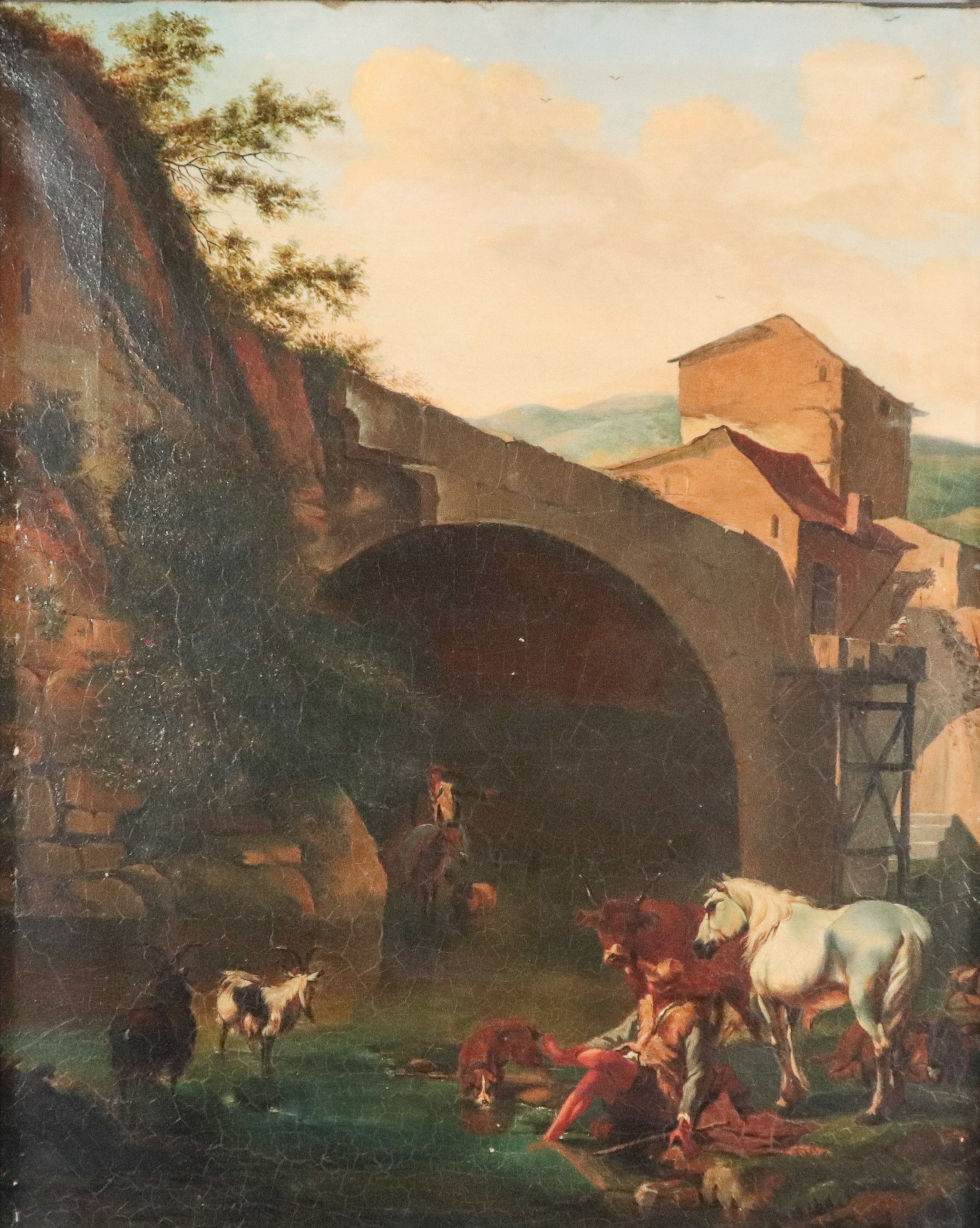 Cerchia di. "Paesaggio con arco, pastore con caprette, armenti e cavallo bianco"