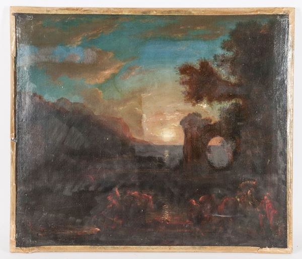 Scuola Italiana Fine XVII Secolo - "Paesaggio con ruderi, contadini e viandanti"
