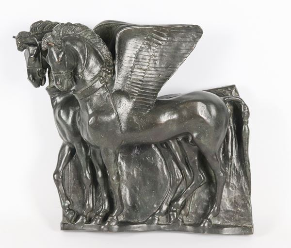 'Winged Horses', patinated bronze high relief