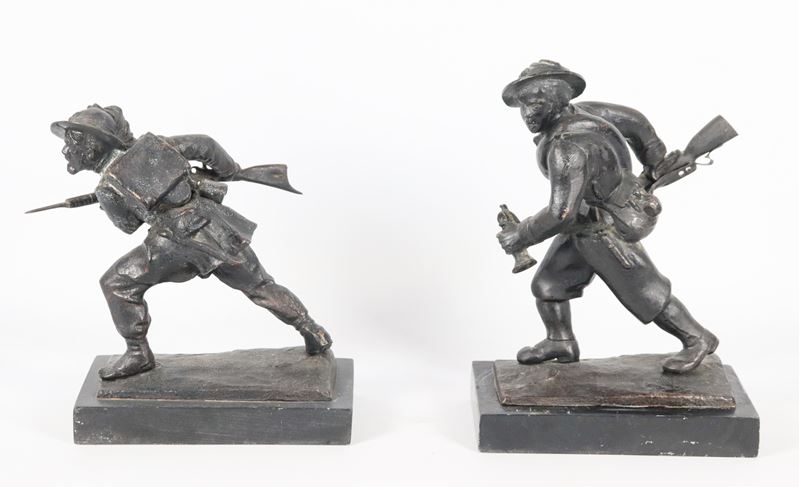 "Bersaglieri", coppia di piccole sculture in bronzo