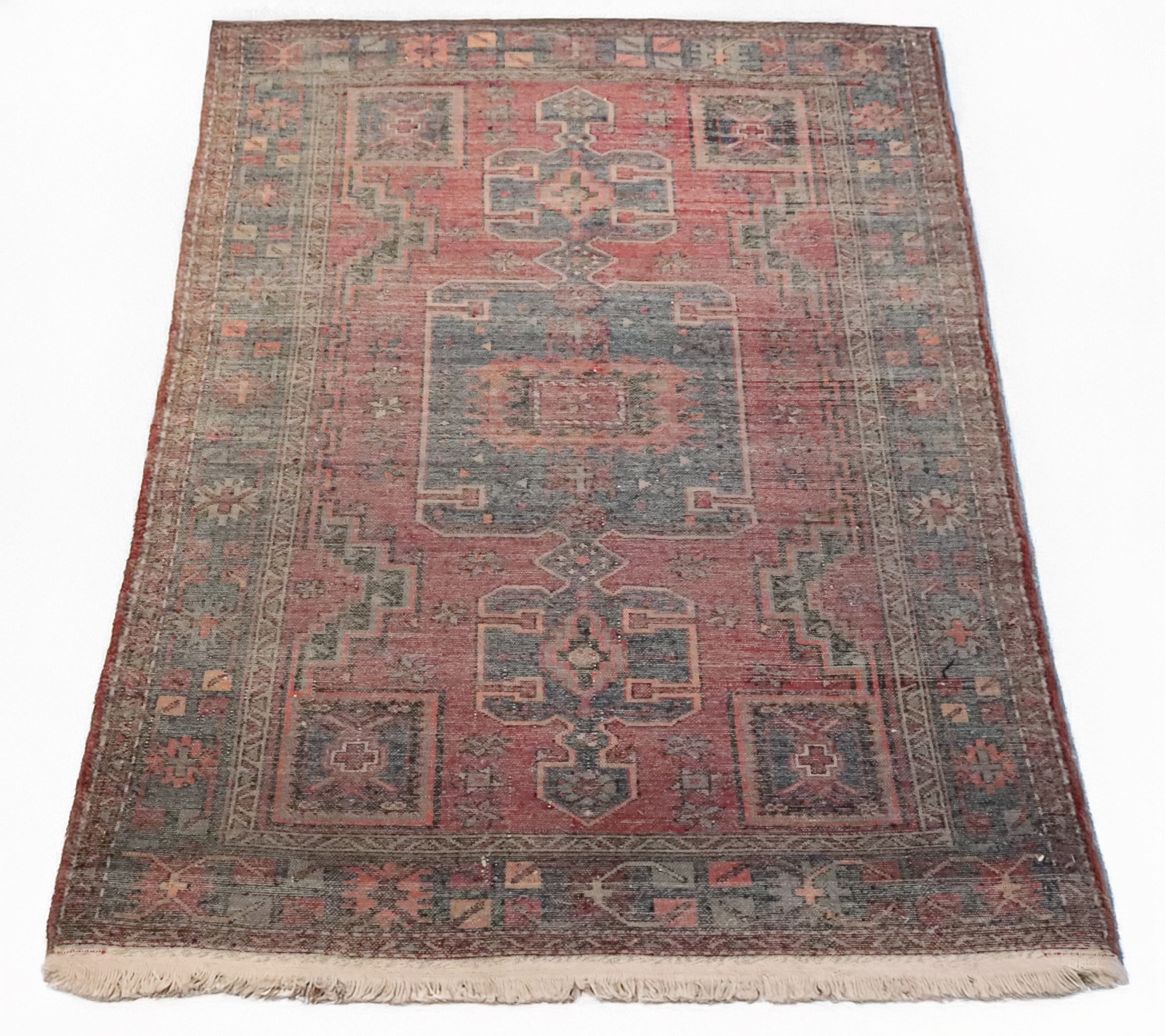 Tappeto persiano Kazak a disegni geometrici su fondo rosso, M. 2 x 1,30