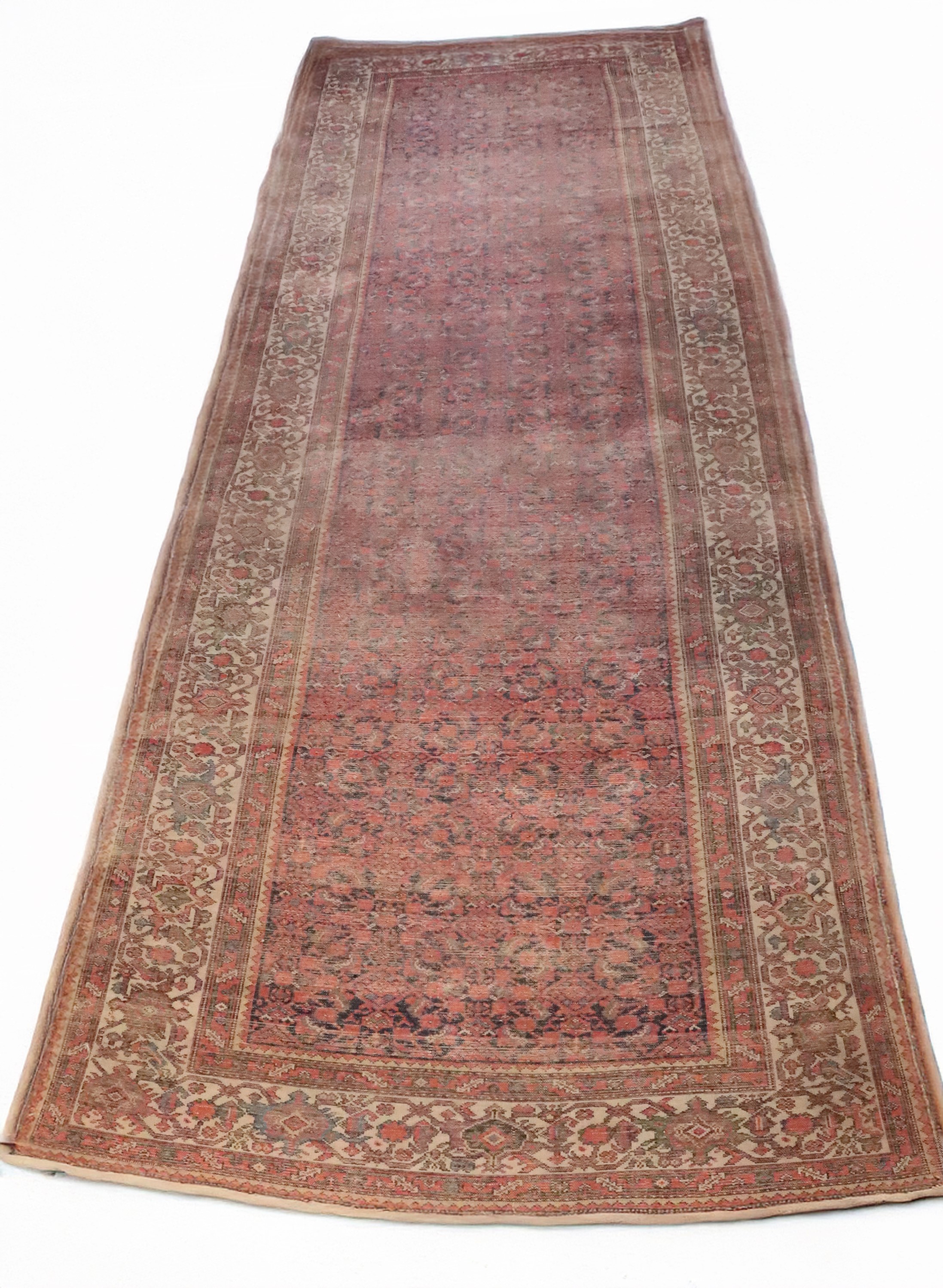 Tappeto persiano Erivan a disegno geometrico su fondo rosso e bordo bianco, M. 5,10 x 1,90