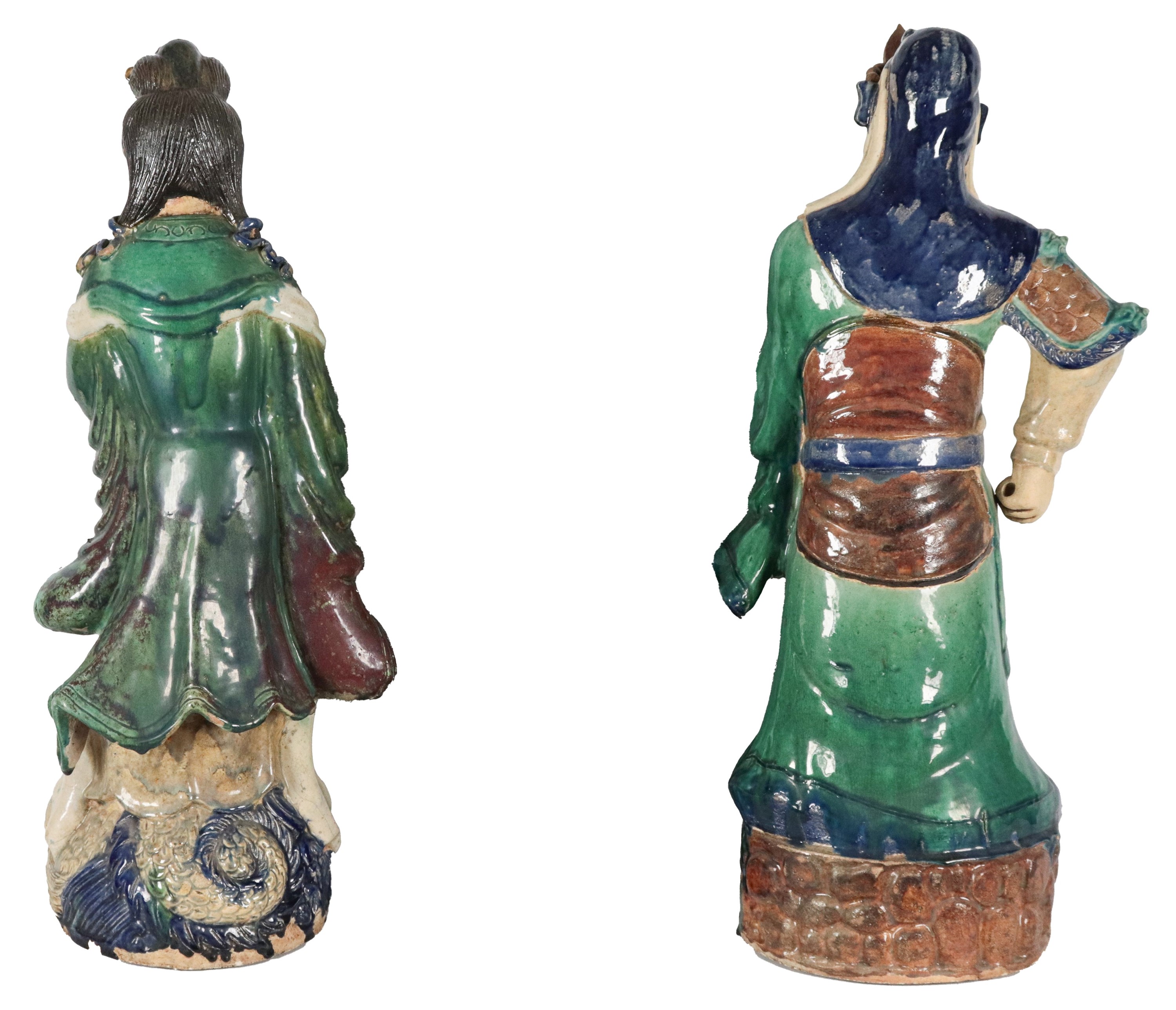 "Dignitari", coppia di antiche sculture cinesi in gres smaltato e policromo