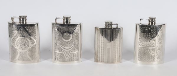 Lotto di quattro fiaschette da liquore in argento Sterling 925, gr. 740