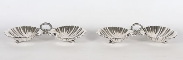 Coppia di portabonbon in argento Sterling 925 a forma di conchiglie, gr. 400