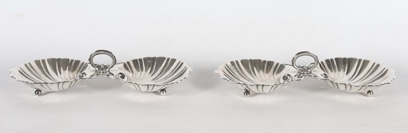 Coppia di portabonbon in argento Sterling 925 a forma di conchiglie, gr. 400
