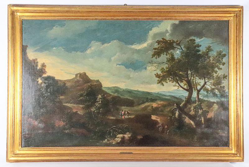 Firmato. "Paesaggio con viandanti"