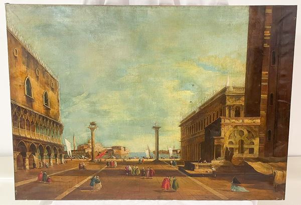 Pittore Veneto Fine XVIII - Inizio XIX Secolo - Firmato. " Venezia con veduta di Piazza San Marco"