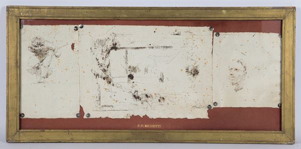 Francesco Paolo Michetti - &quot;Studies of male figures&quot;, three small ink drawings on paper in a single frame