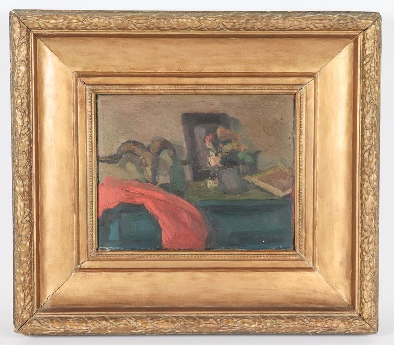 Firmato. "Natura morta con drappo rosso e vaso con fiori"