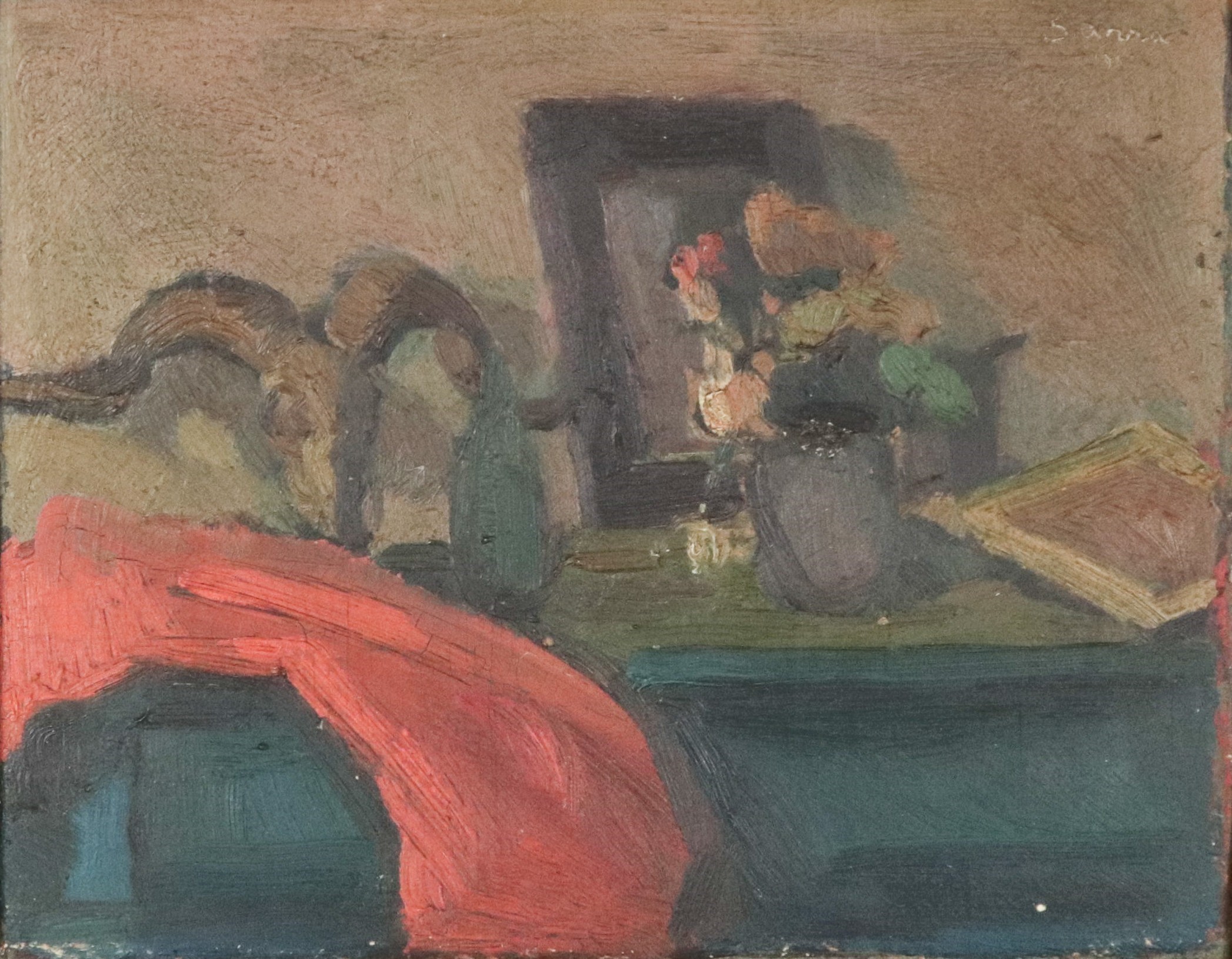 Firmato. "Natura morta con drappo rosso e vaso con fiori"