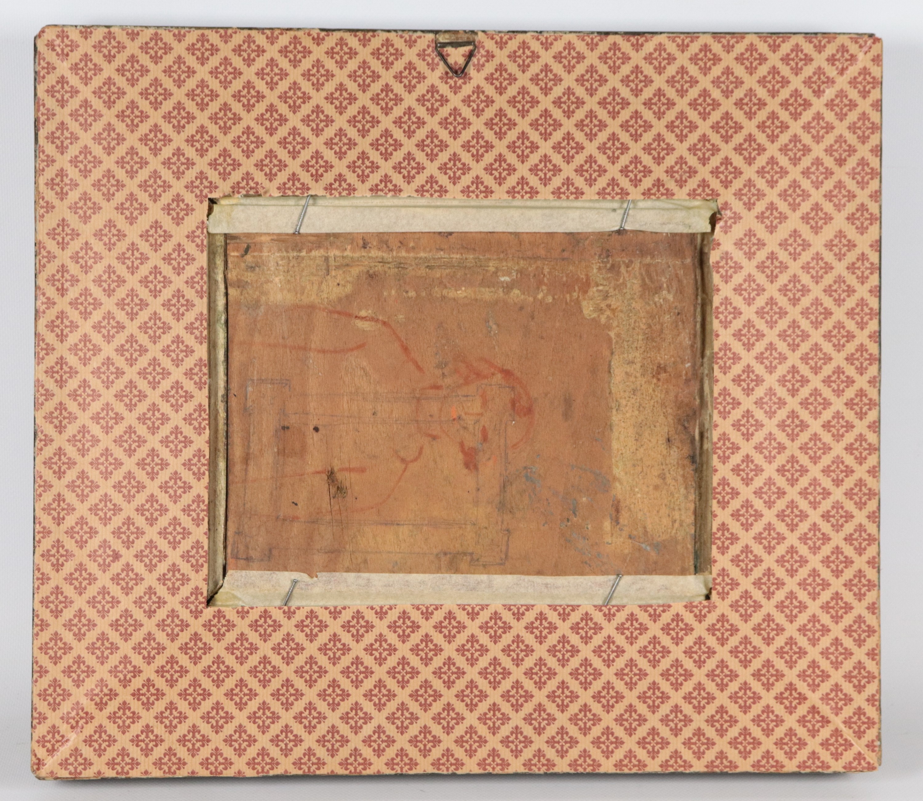 Firmato. "Natura morta con drappo rosso e vaso con fiori"