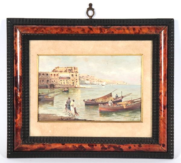 Scuola Napoletana Inizio XX Secolo - &quot;View of Palazzo Donn&#39;Anna in Naples with fishing boats&quot;