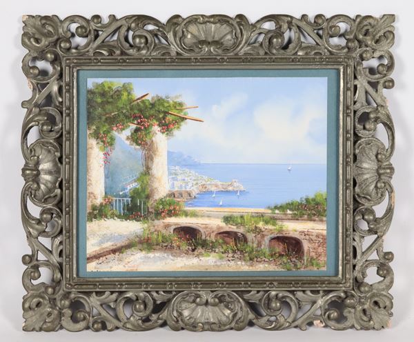 Scuola Napoletana Fine XIX - Inizio XX Secolo - Tracce di firma. "Terrazza con la veduta della Costa Amalfitana"