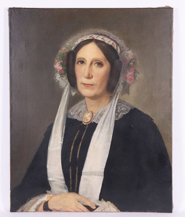 Scuola Italiana XIX Secolo - "Ritratto di nobildonna con cammeo"