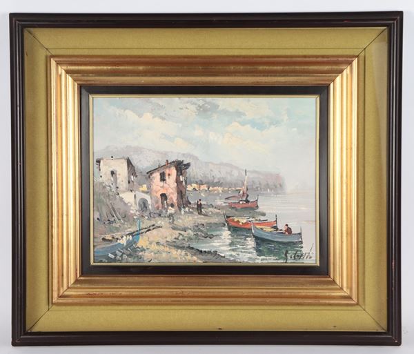 Scuola Italiana XX Secolo - Firmato. "Scorcio di costa con l'approdo dei pescatori"