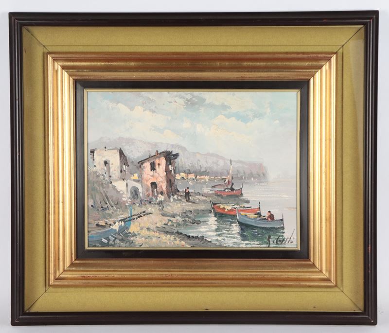 Firmato. "Scorcio di costa con l'approdo dei pescatori"