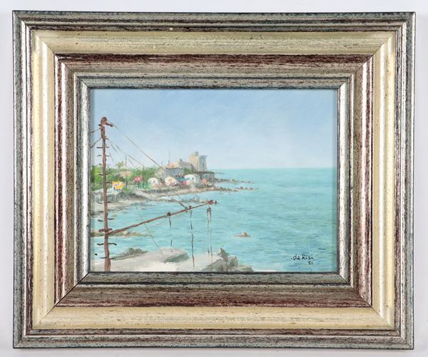 Scuola Italiana XX Secolo - Firmato. "Marina con porticciolo"