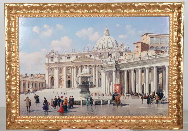 Firmato. "Veduta di Piazza San Pietro con personaggi"
