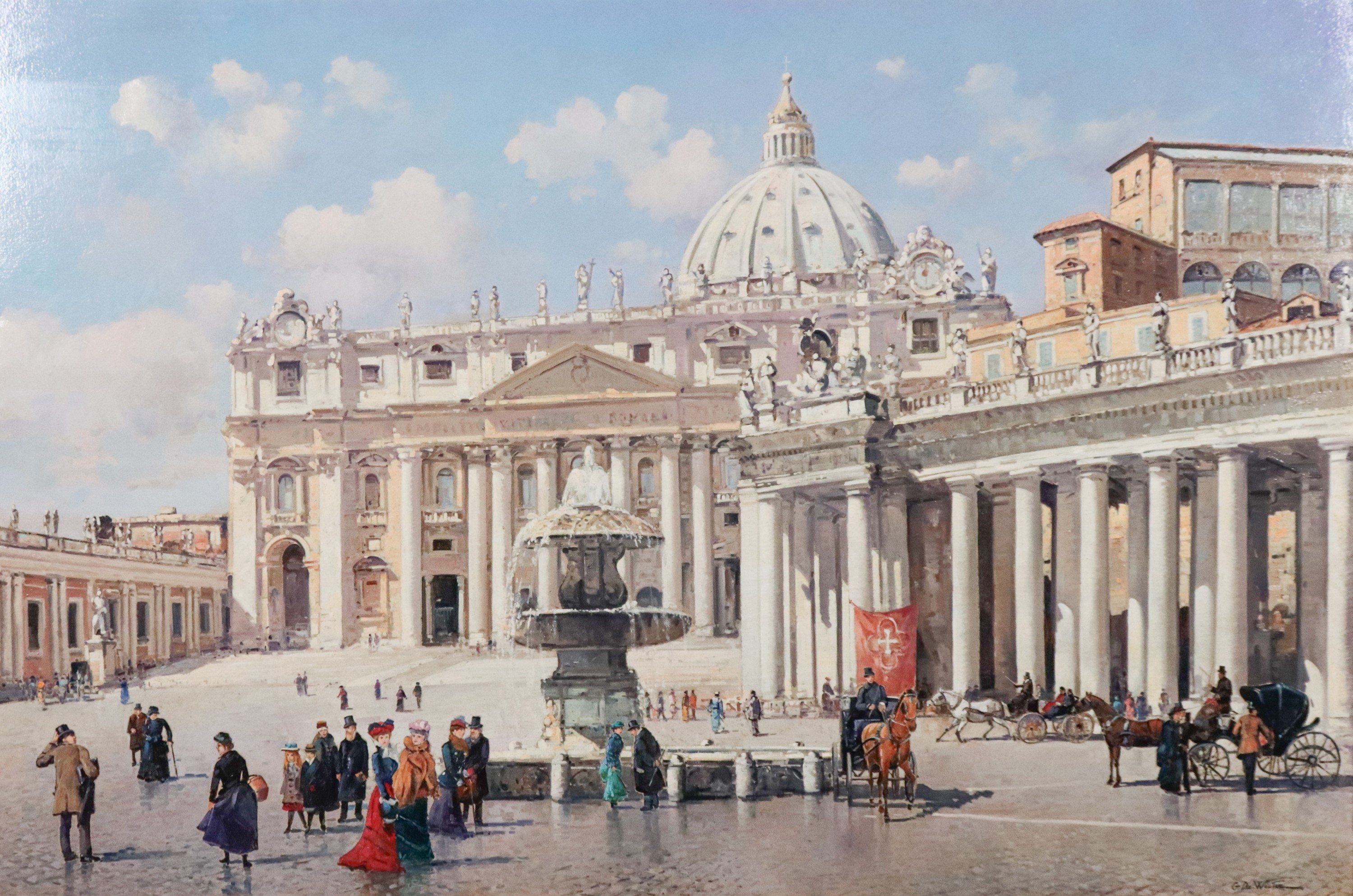 Firmato. "Veduta di Piazza San Pietro con personaggi"