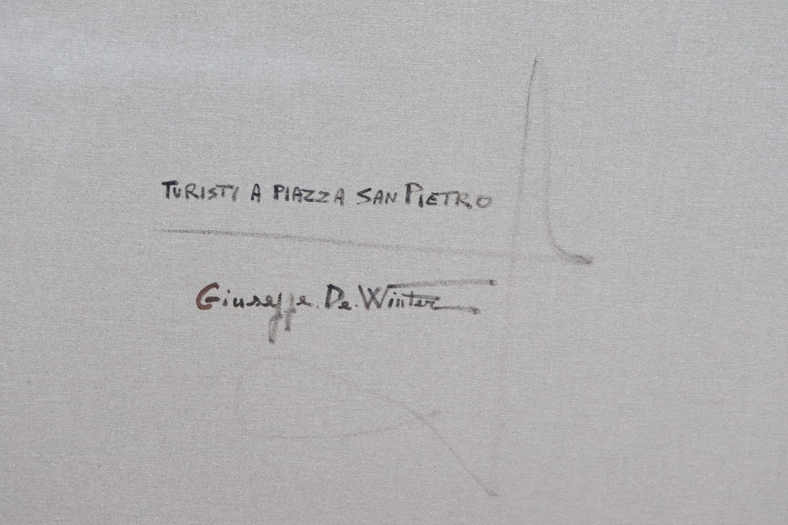 Firmato. "Veduta di Piazza San Pietro con personaggi"