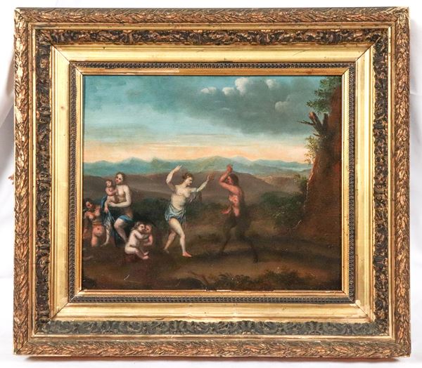 Herman Saftleven - Bottega di, siglato H.S. in basso a sinistra. "Paesaggio con Satiro e Ninfe"