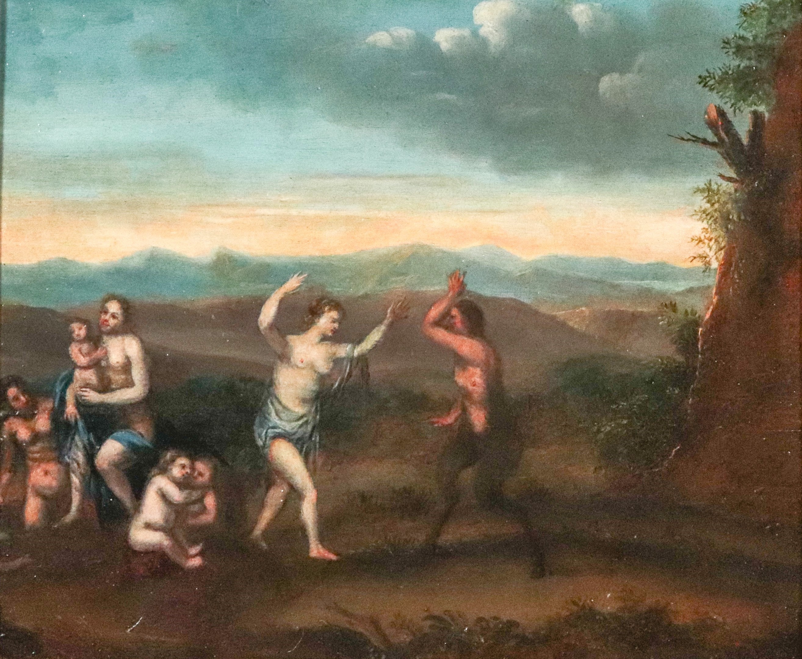 Bottega di, siglato H.S. in basso a sinistra. "Paesaggio con Satiro e Ninfe"