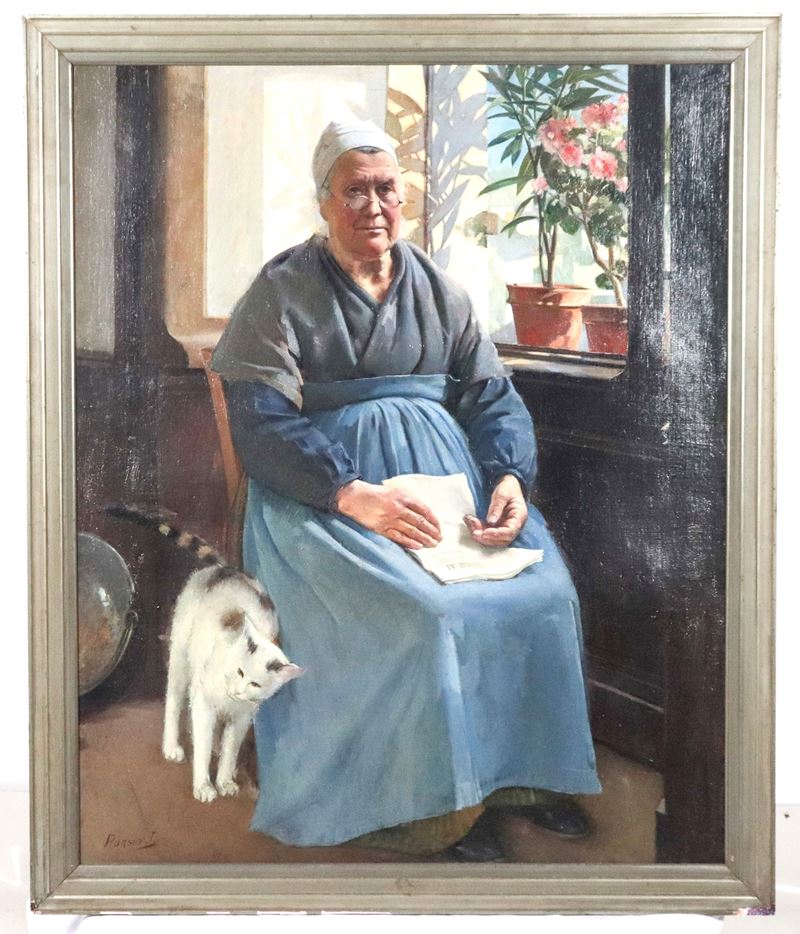 Firmato. "Ritratto della Nonna con il gatto"