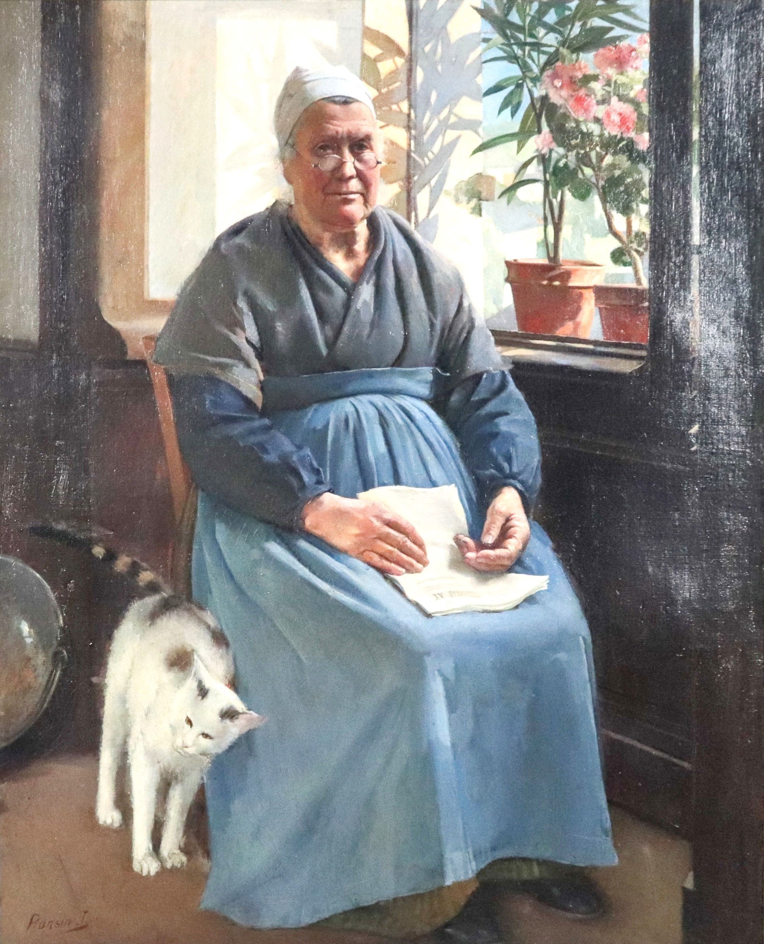 Firmato. "Ritratto della Nonna con il gatto"