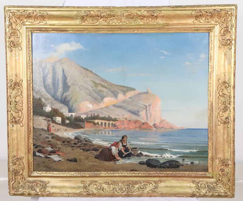 Firmato e datato 1882. "Veduta dalla Costiera Amalfitana con lavandaie sulla spiaggia"