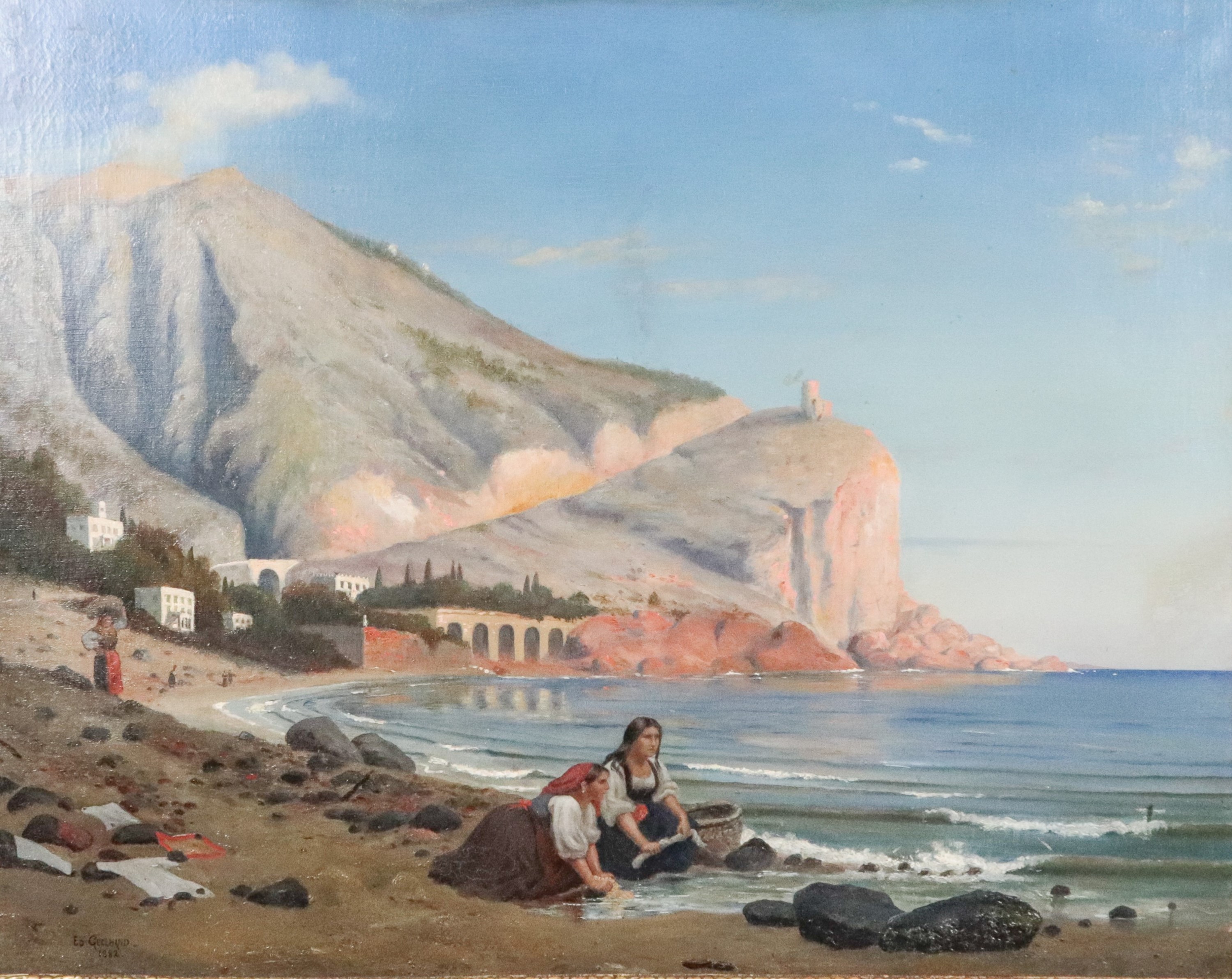 Firmato e datato 1882. "Veduta dalla Costiera Amalfitana con lavandaie sulla spiaggia"