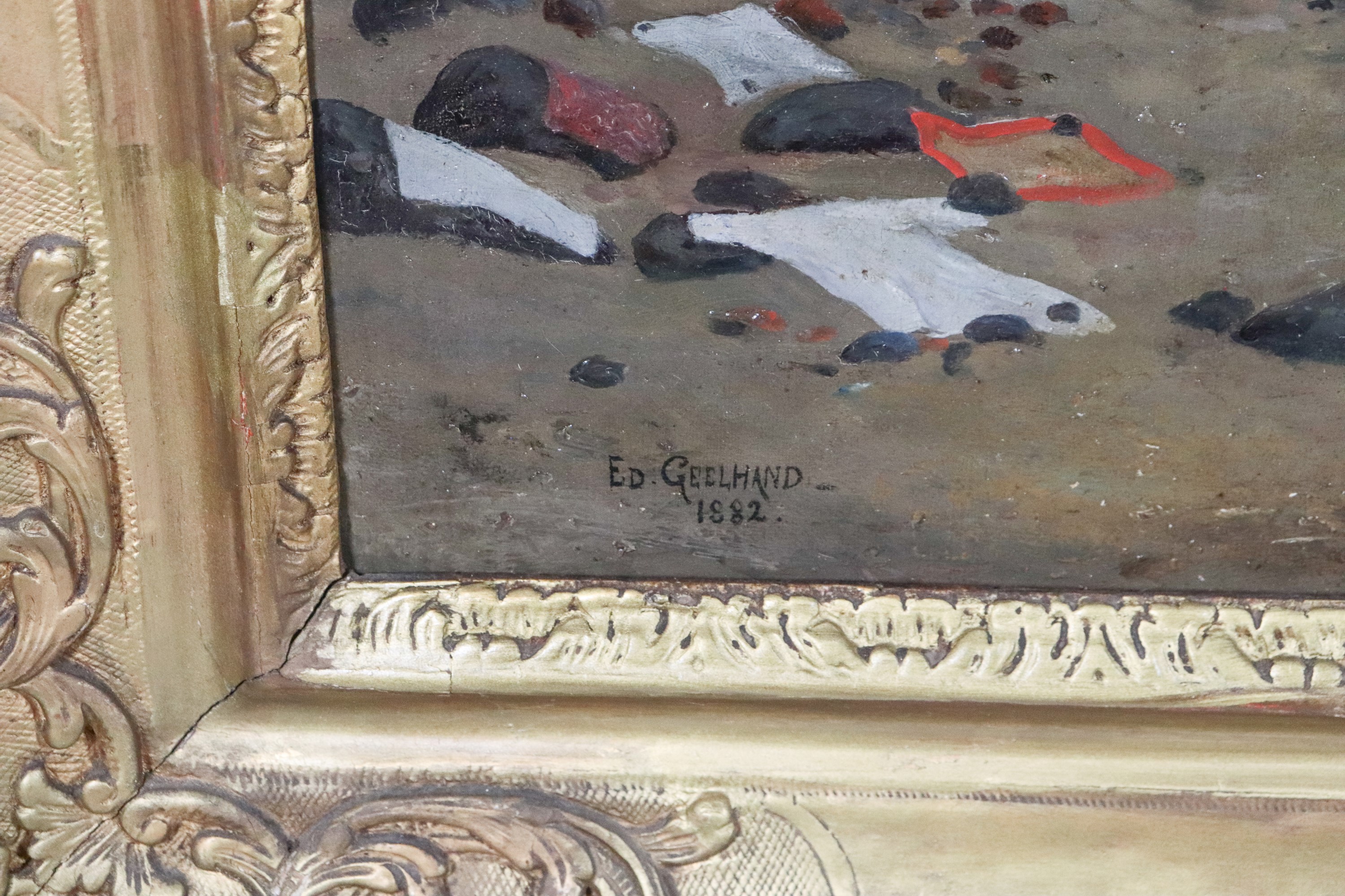 Firmato e datato 1882. "Veduta dalla Costiera Amalfitana con lavandaie sulla spiaggia"