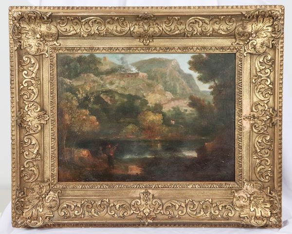 Pittore Francese Fine XVIII Secolo - "Paesaggio con personaggi"