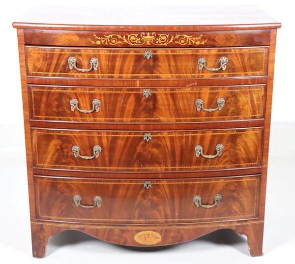 Antique English chest of drawers in mahogany and mahogany feather, with Sheraton motif inlays