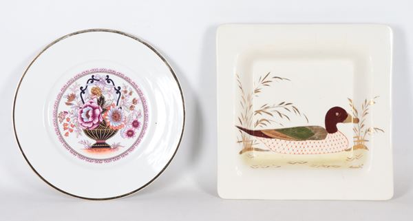 Porcelain and enamel ceramic lot of a wall plate a square centerpiece 