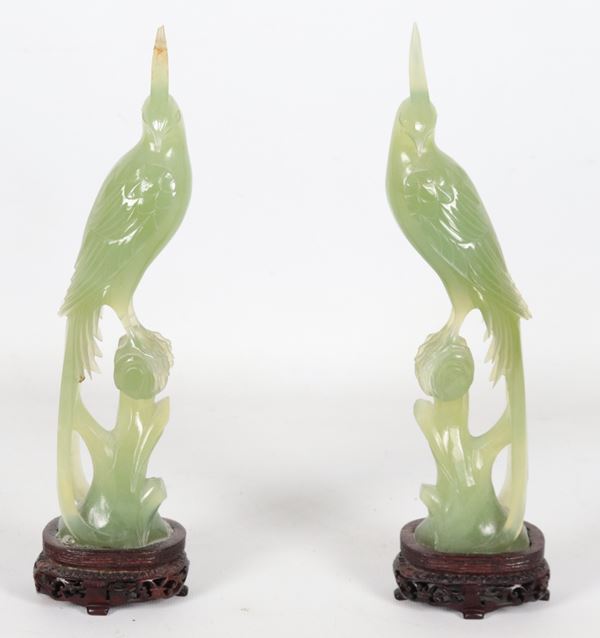 &quot;Exotic Birds&quot;, Pair of Chinese Green Jade Figurines