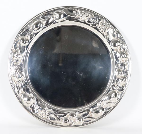 Silver metal dessert plate with embossed fruit motif edge