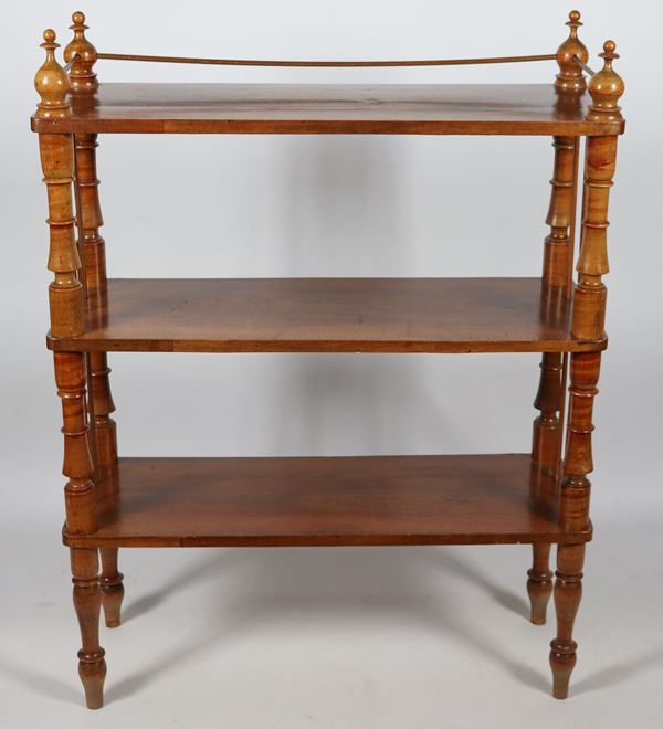 Three-tier walnut etagère with four turned legs