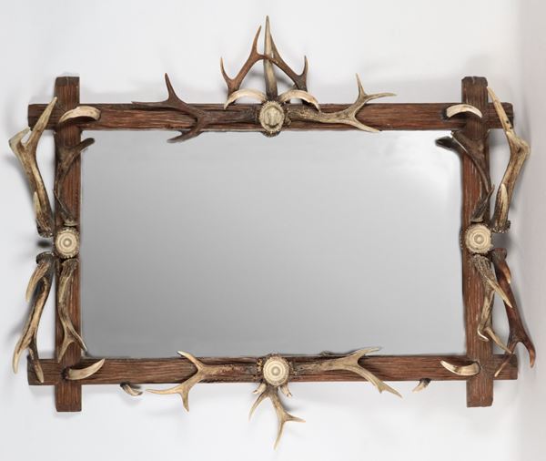 Original fruit wood mirror with deer antler applications