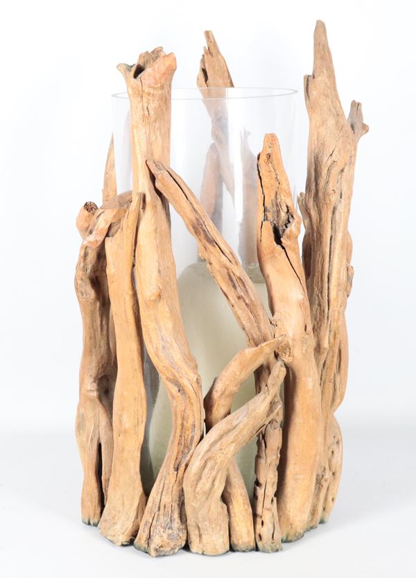 Original candle holder centerpiece with wooden branches and crystal container inside