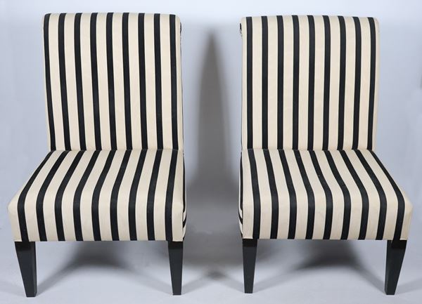 Pair of French armchairs with black lacquered wooden legs and striped fabric covering