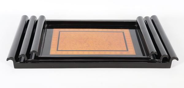 Lot of three black lacquered wooden trays with thuja root bottoms