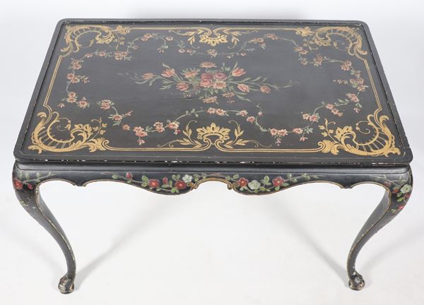 Antique French living room table in black lacquered wood