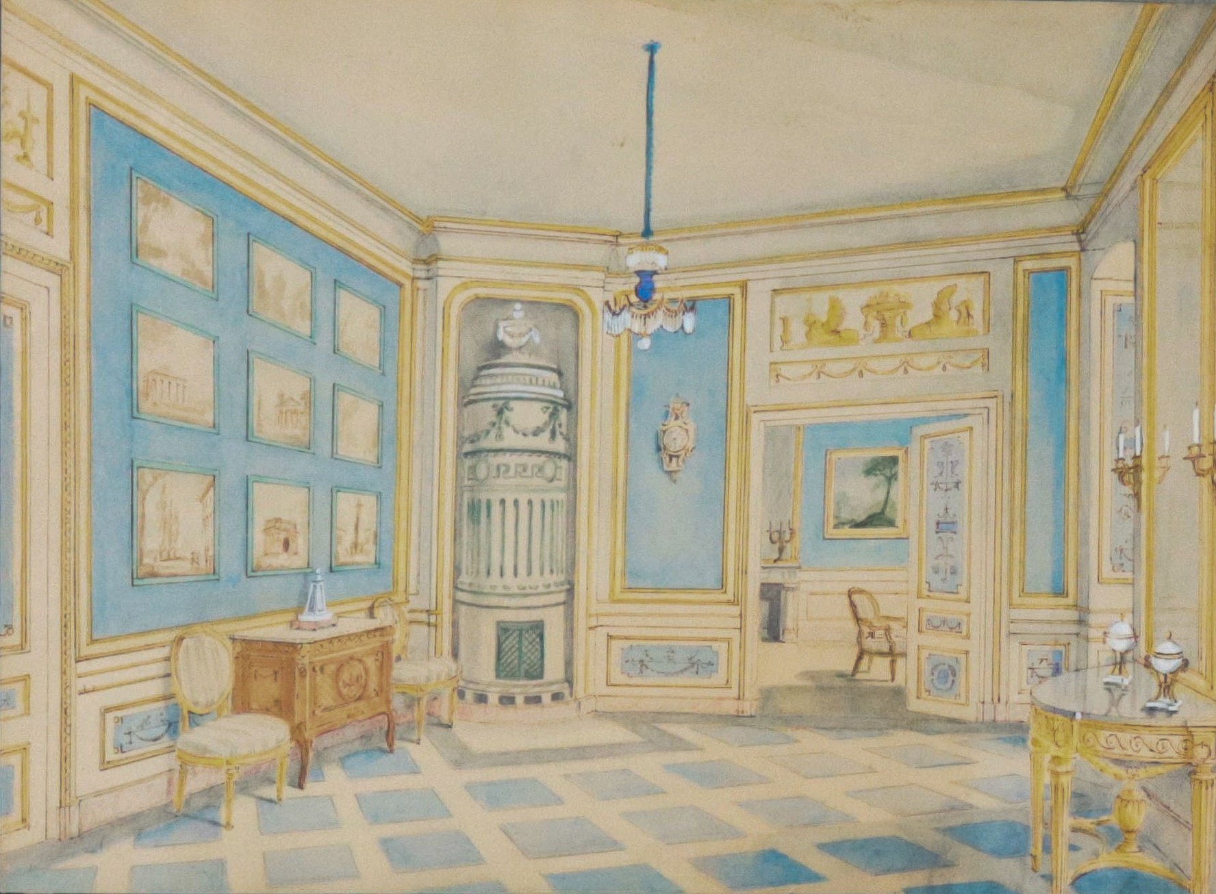 "Interni di palazzo parigino con arredi"