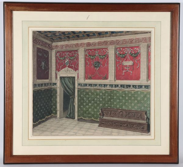 Scuola Francese XIX Secolo - &quot;Interior of a patrician palace with frescoes&quot;