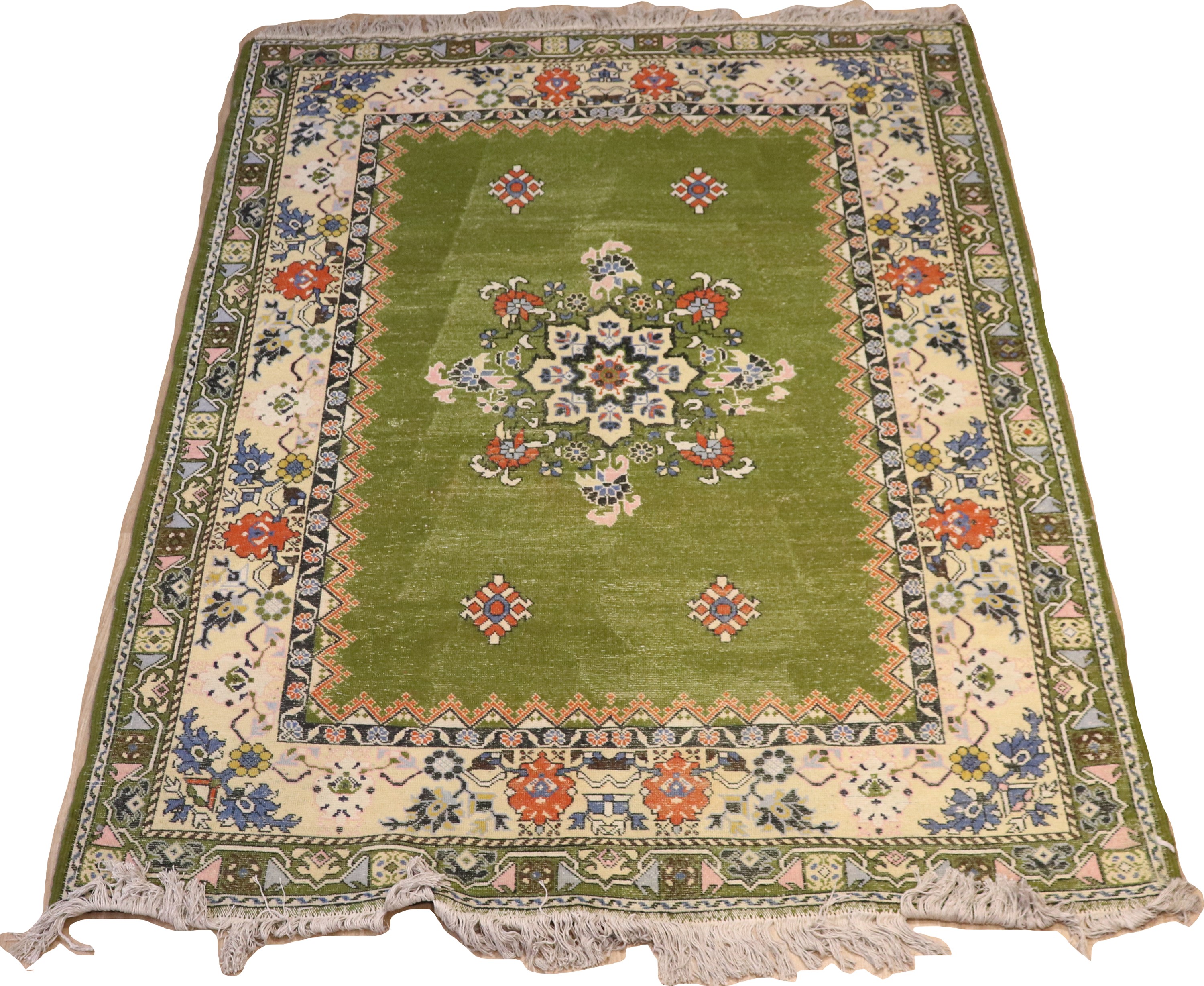 Tappeto persiano Karabagh a motivi floreali con rosone centrale su fondo verde, M. 2,30 x 1,70