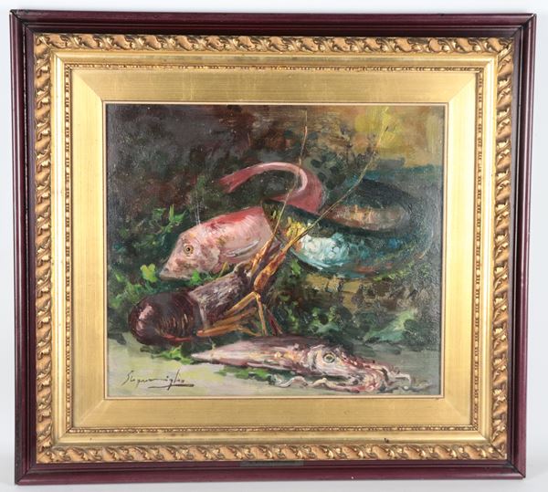 Giuseppe Scognamiglio - Firmato. "Natura morta di pesci e crostacei"