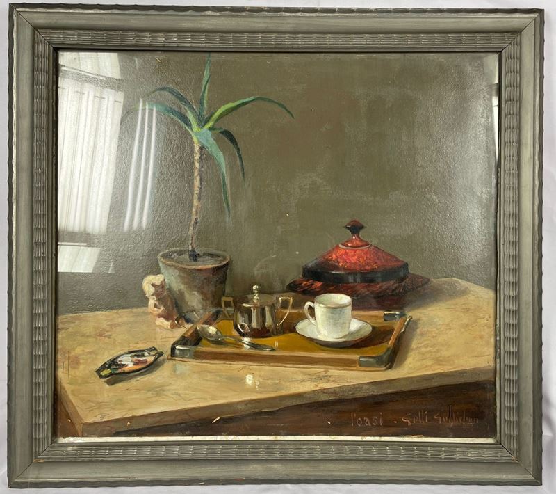 "L'oasi, natura morta con vasellame e tazza"