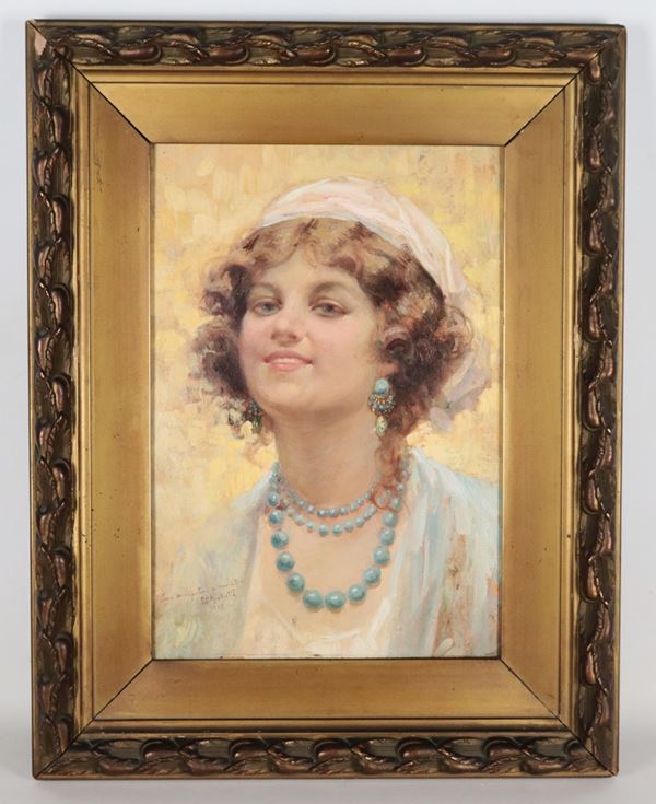 Francesco Paolo Michetti - Firmato e datato 1905 con dedica. "Ritratto di giovane ragazza"